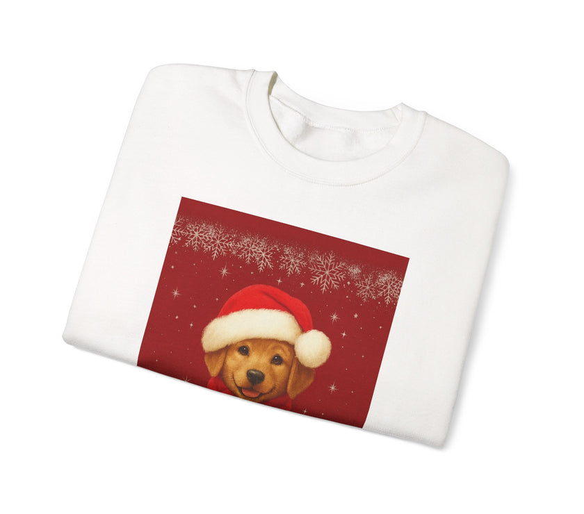 White sweatshirt with a red patch featuring a dog wearing a Santa hat on a white background