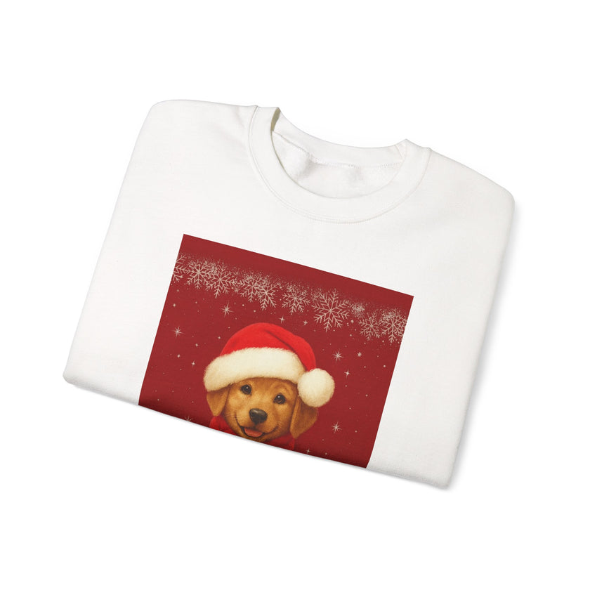 White sweatshirt with a red patch featuring a dog wearing a Santa hat on a white background