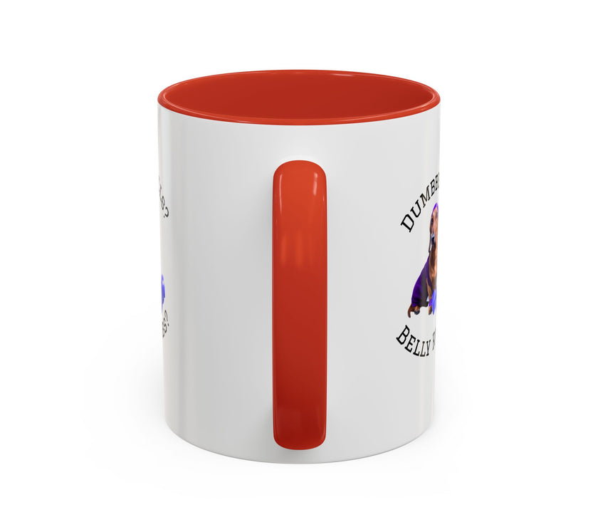 Two tone ceramic mug featuring a dachshund next to dumbbells and the humorous text 'Dumbbells? Belly Rubs?', designed for dog lovers and fitness enthusiasts.