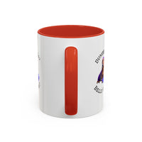 Two tone ceramic mug featuring a dachshund next to dumbbells and the humorous text 'Dumbbells? Belly Rubs?', designed for dog lovers and fitness enthusiasts.