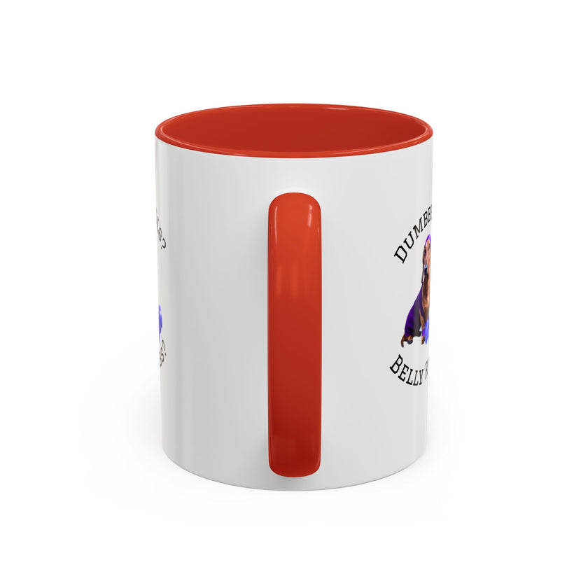 Two tone ceramic mug featuring a dachshund next to dumbbells and the humorous text 'Dumbbells? Belly Rubs?', designed for dog lovers and fitness enthusiasts.