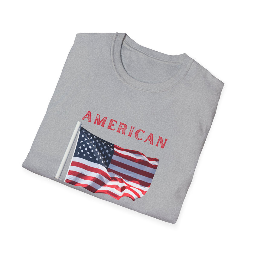 T-shirt featuring an American flag graphic with the words 'AMERICAN DREAM' in red and blue text above and below the flag