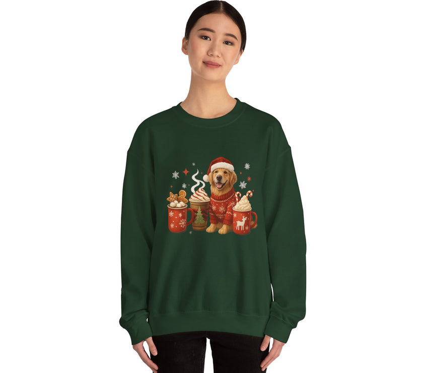 Person wearing a green sweatshirt with a festive design of a dog and hot chocolate mugs.