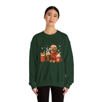 Person wearing a green sweatshirt with a festive design of a dog and hot chocolate mugs.