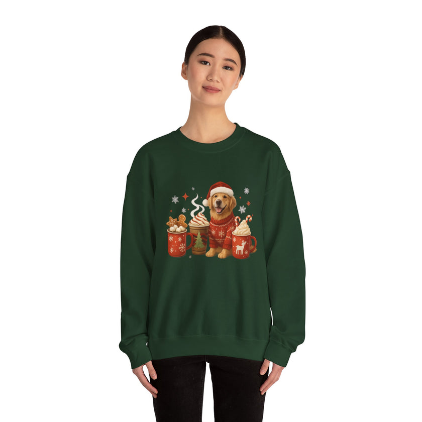 Person wearing a green sweatshirt with a festive design of a dog and hot chocolate mugs.