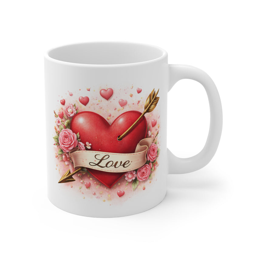 White mug with a heart design featuring roses and an arrow, with 'Love' text on a white background.