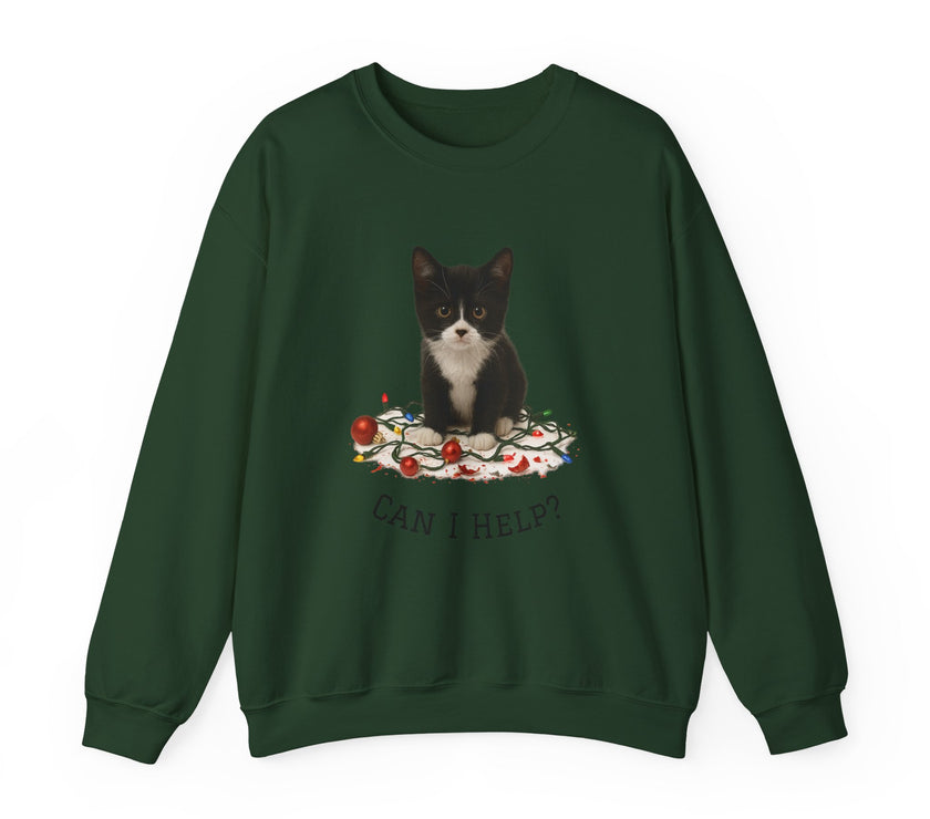 Green sweatshirt with a cat graphic and text on a white background
