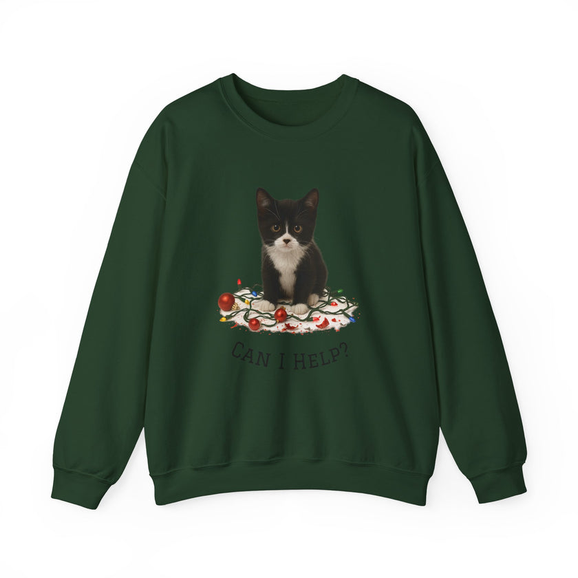 Green sweatshirt with a cat graphic and text on a white background