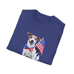 Folded T-shirt featuring a cute  puppy wearing an American flag bow tie and holding a small U.S. flag, with the phrase 'Born to Be Free' printed below the image.