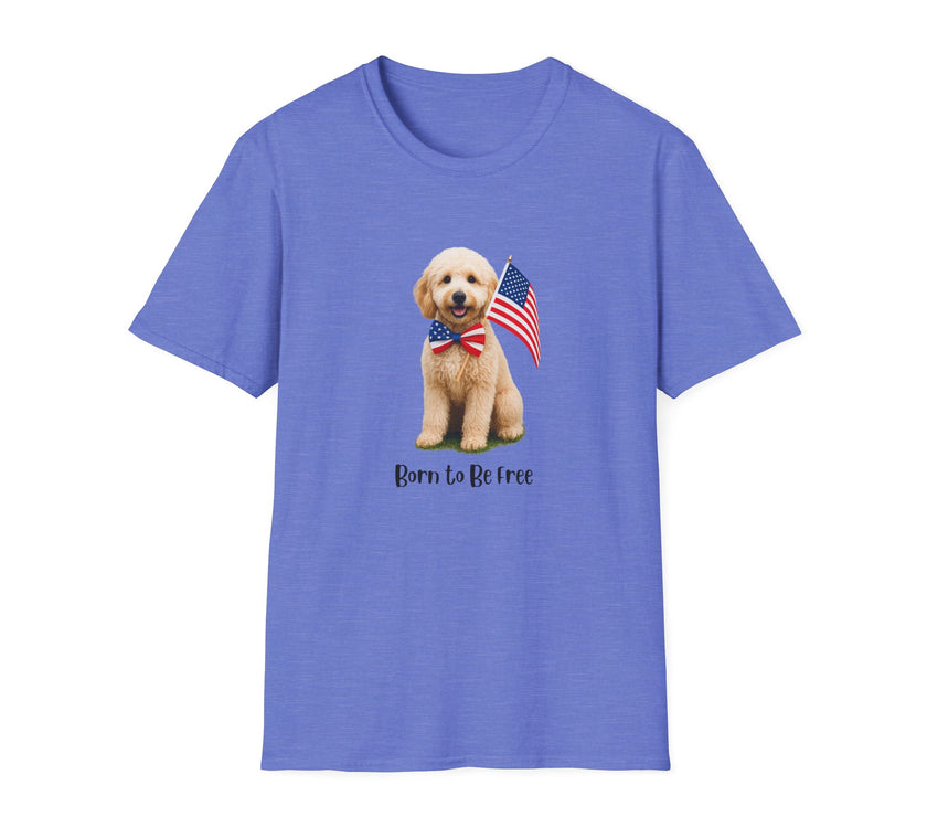 Blue t-shirt featuring a cute golden doodle puppy wearing an American flag bow tie and holding a small U.S. flag, with the phrase 'Born to Be Free' printed below the image.