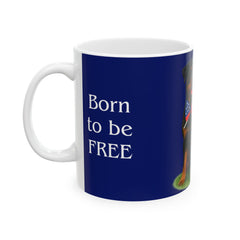 A ceramic mug featuring a Rottweiler sitting on grass, wearing a red, white, and blue bow tie, and holding an American flag against a dark blue background. with the message "Born to be Free"