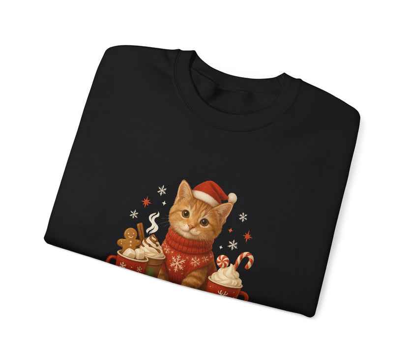 Black sweatshirt with a Christmas-themed design of a cat in a sweater and Santa hat on a white background.