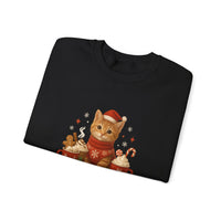 Black sweatshirt with a Christmas-themed design of a cat in a sweater and Santa hat on a white background.