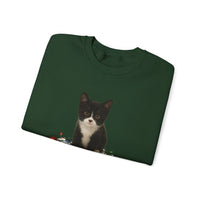 Folded green sweatshirt with a black and white cat design on a white background