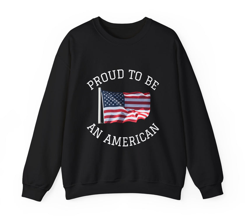 Black sweatshirt with 'Proud to be an American' text and American flag design on a white background