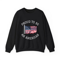Black sweatshirt with 'Proud to be an American' text and American flag design on a white background
