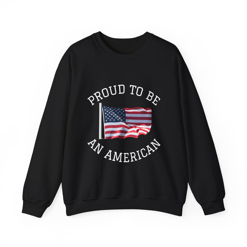 Black sweatshirt with 'Proud to be an American' text and American flag design on a white background