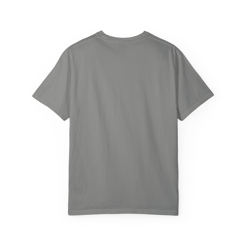 Gray t-shirt featuring a yellow and navy blue award ribbon graphic on the chest with the text "#1 Dad," designed  on the front as a fun and heartfelt Father's Day gift.
