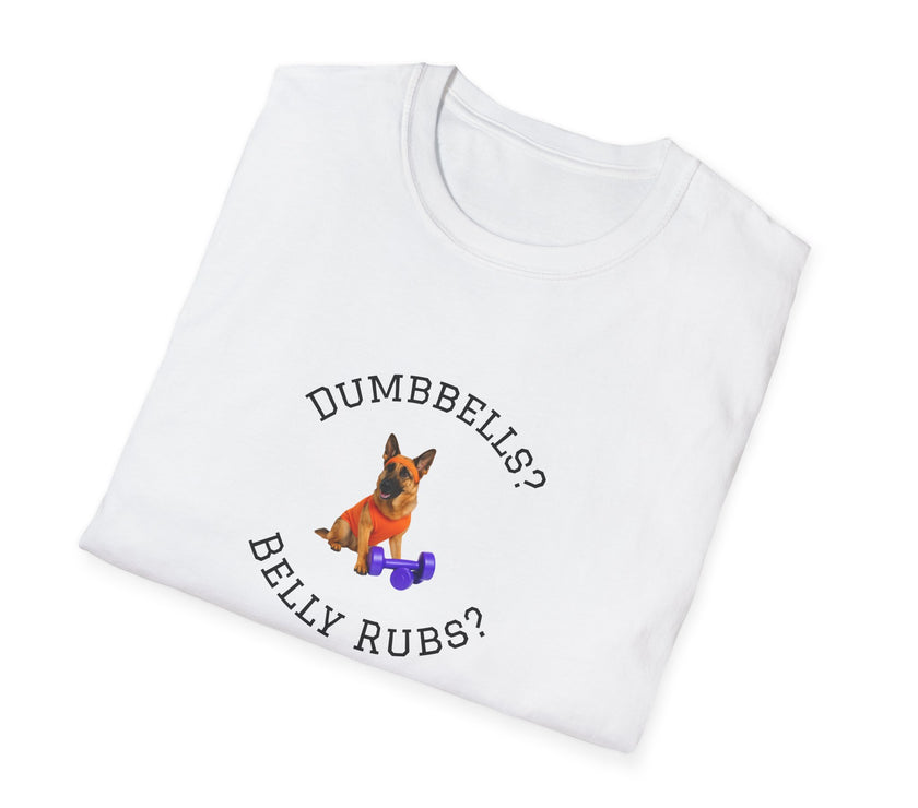 White t-shirt with a dog graphic and text on a white background
