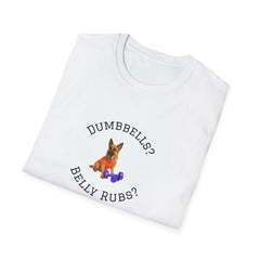 White t-shirt with a dog graphic and text on a white background