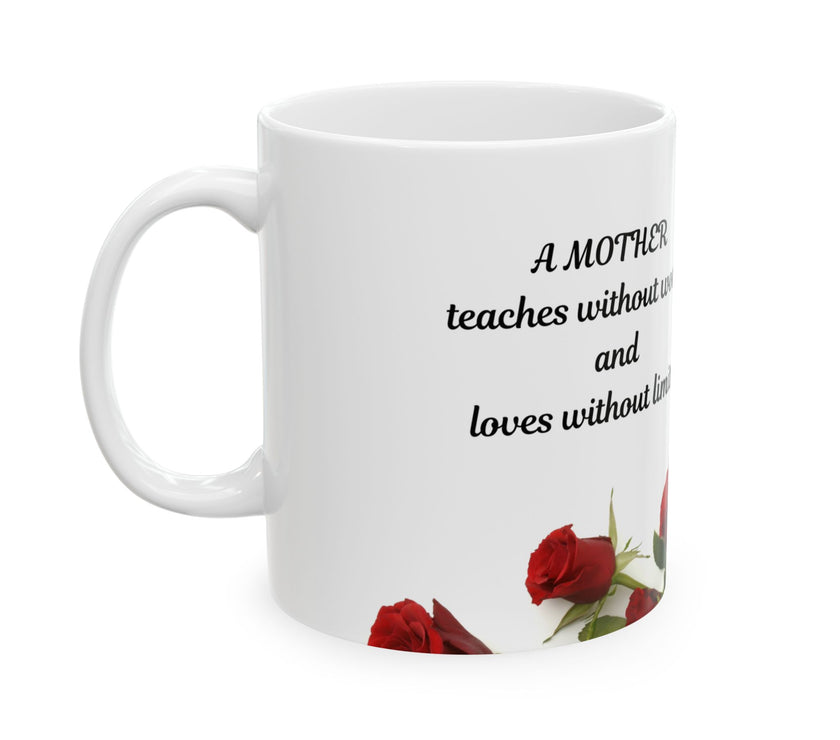 Elegant Floral Coffee Mug for Mom with Timeless Mother's Quote   "A mother teaches without words and loves without ." 