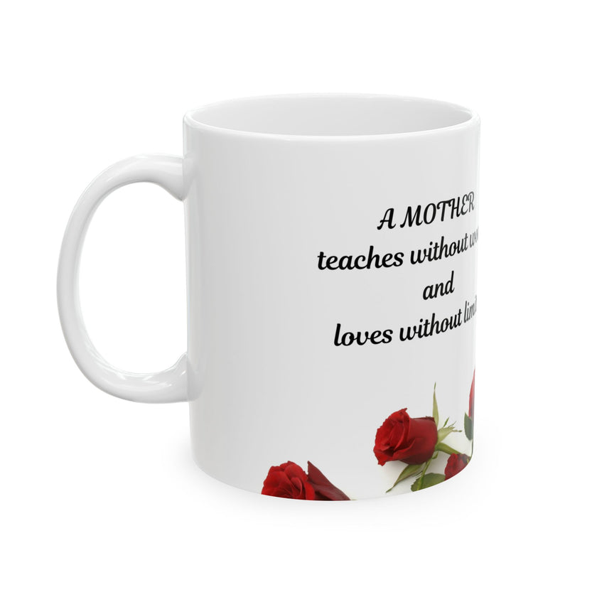 Elegant Floral Coffee Mug for Mom with Timeless Mother's Quote   "A mother teaches without words and loves without ." 