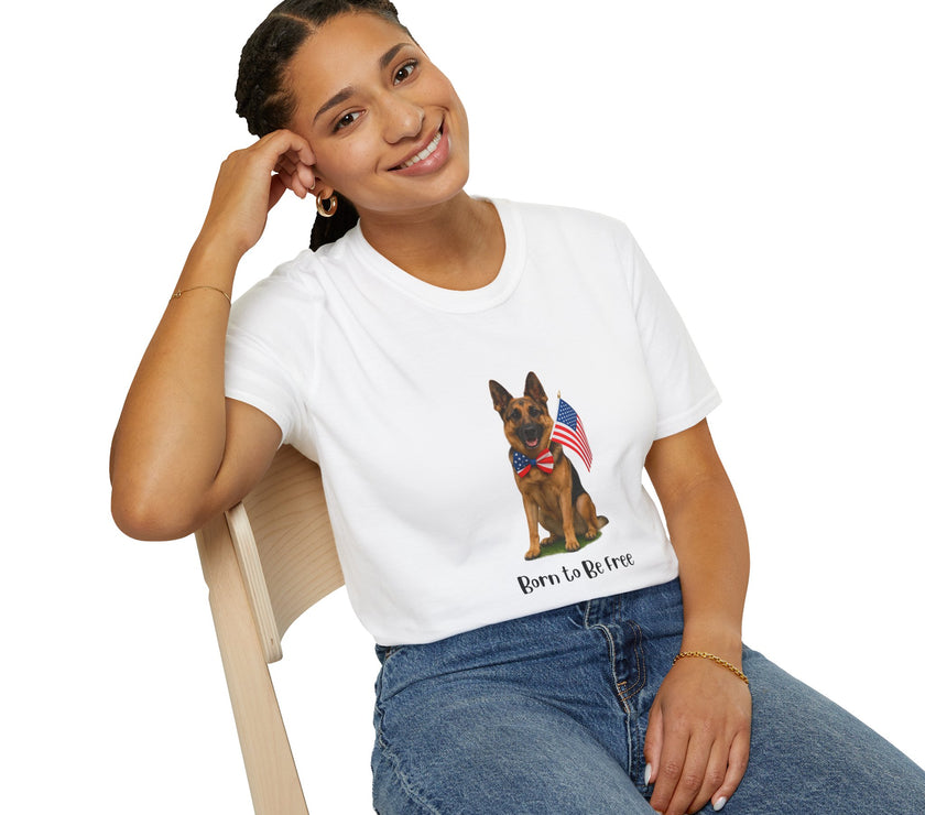 White t-shirt featuring a patriotic German Shepherd wearing an American flag bowtie and holding U.S. flags, with the phrase "Born to Be Free" printed below — perfect for dog lovers and patriotic Americans.