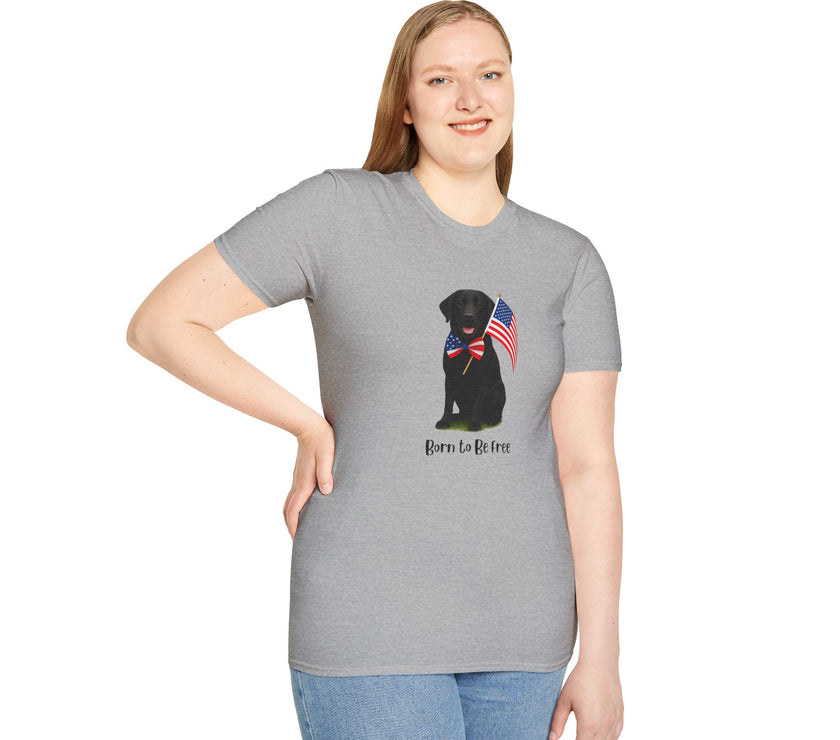 Sport Grrey t-shirt featuring a patriotic Black Lab wearing an American flag bowtie and holding U.S. flags, with the Black Lab phrase "Born to Be Free" printed below — perfect for dog lovers and patriotic Americans.
