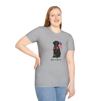 Sport Grrey t-shirt featuring a patriotic Black Lab wearing an American flag bowtie and holding U.S. flags, with the Black Lab phrase "Born to Be Free" printed below — perfect for dog lovers and patriotic Americans.