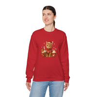 Person wearing a red sweatshirt with a cat graphic on a white background