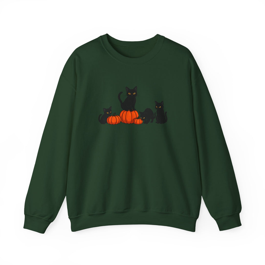 Green sweatshirt with black cat and pumpkin design on a white background