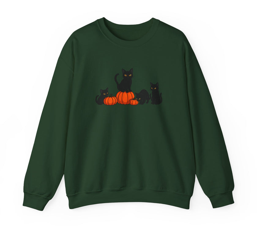 Green sweatshirt with black cat and pumpkin design on a white background