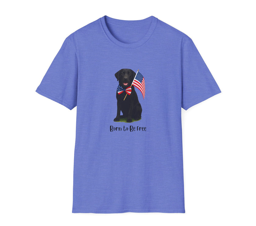 Heather Royal  t-shirt featuring a patriotic Black Lab wearing an American flag bowtie and holding U.S. flags, with the Black Lab phrase "Born to Be Free" printed below — perfect for dog lovers and patriotic Americans.