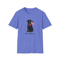 Heather Royal  t-shirt featuring a patriotic Black Lab wearing an American flag bowtie and holding U.S. flags, with the Black Lab phrase "Born to Be Free" printed below — perfect for dog lovers and patriotic Americans.
