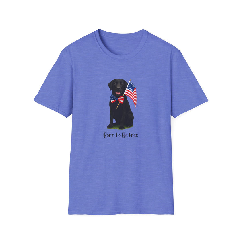 Heather Royal  t-shirt featuring a patriotic Black Lab wearing an American flag bowtie and holding U.S. flags, with the Black Lab phrase "Born to Be Free" printed below — perfect for dog lovers and patriotic Americans.