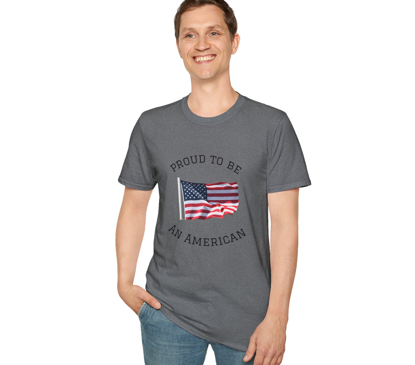 Young man  wearing a white t-shirt with an American flag graphic and the words 'Proud to Be an American' printed around the flag