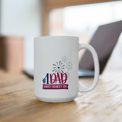 White ceramic mug with colorful #1 Dad and Happy Father’s Day message, accented with fireworks graphics, perfect for celebrating dads.