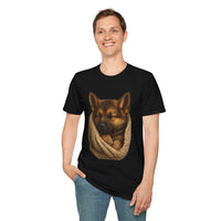 Person wearing a black t-shirt with a dog graphic on a white background