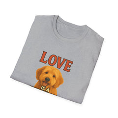 Folded gray t-shirt with a dog illustration and 'LOVE IS A' text on a white background