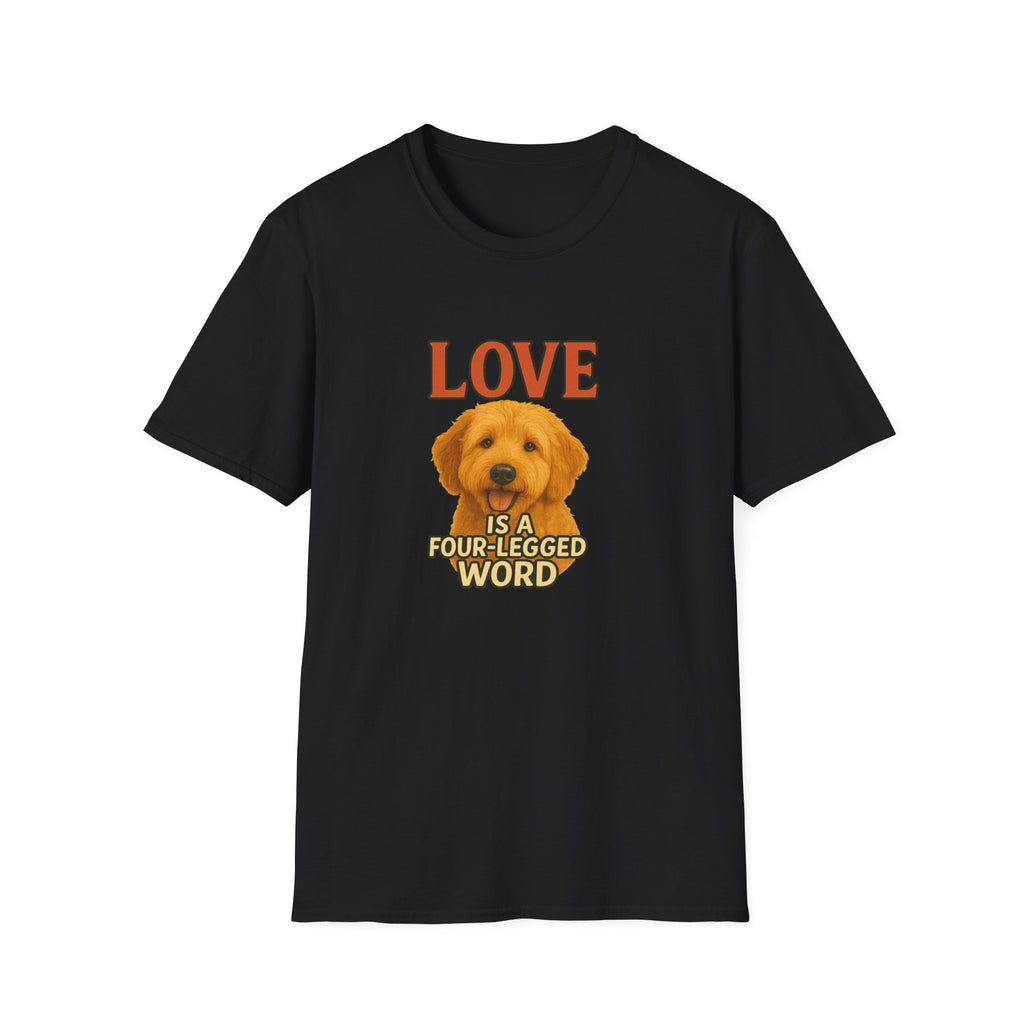 Black t-shirt with a dog graphic and text on a white background