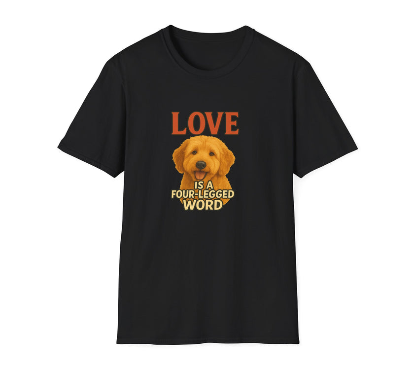 Black t-shirt with a dog graphic and text on a white background