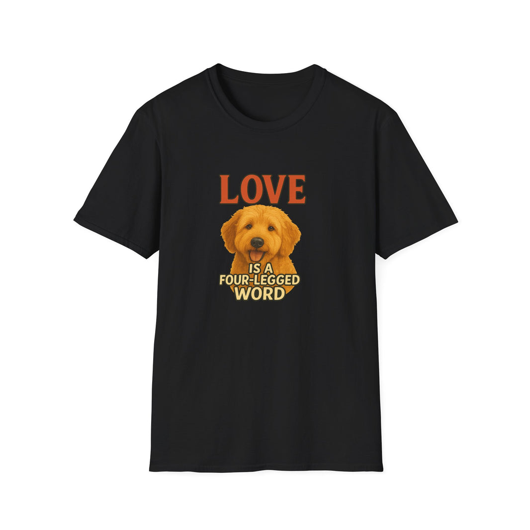 Black t-shirt with a dog graphic and text on a white background