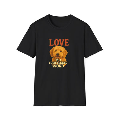 Black t-shirt with a dog graphic and text on a white background