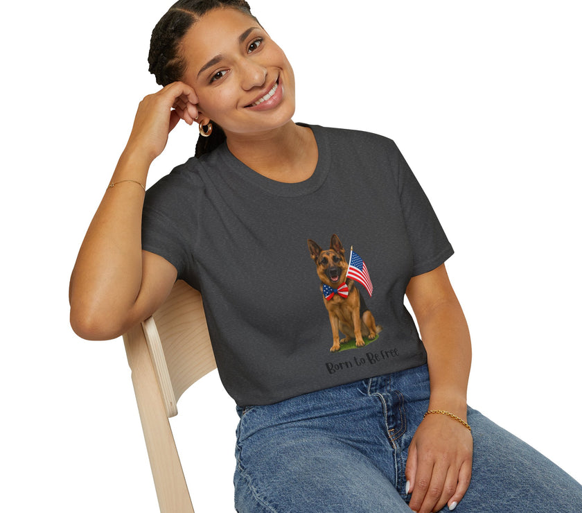 Dark Heather t-shirt featuring a patriotic German Shepherd wearing an American flag bowtie and holding U.S. flags, with the phrase "Born to Be Free" printed below — perfect for dog lovers and patriotic Americans.
