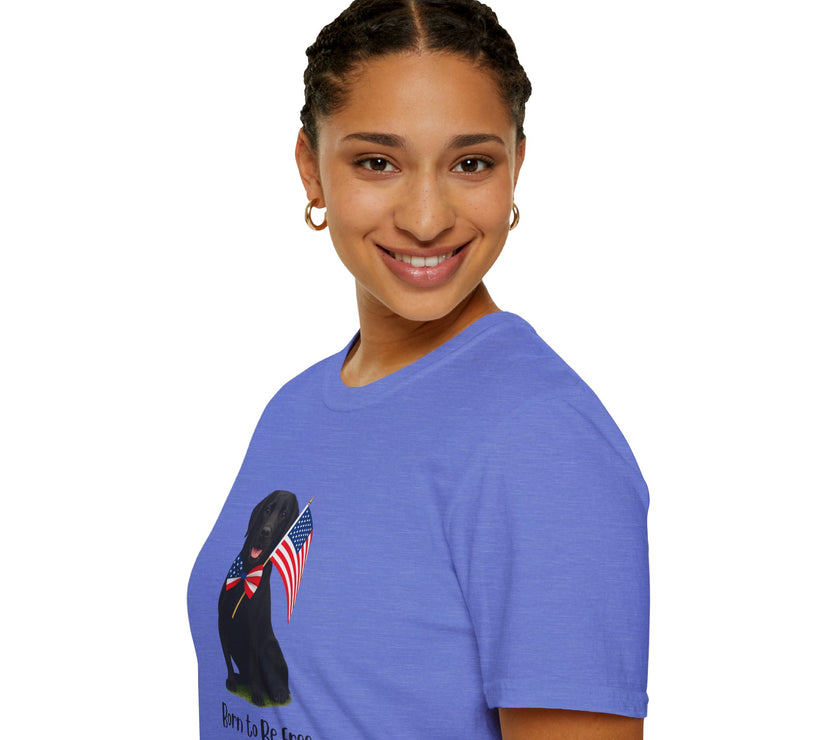 Heather Royal  t-shirt featuring a patriotic Black Lab wearing an American flag bowtie and holding U.S. flags, with the Black Lab phrase "Born to Be Free" printed below — perfect for dog lovers and patriotic Americans.