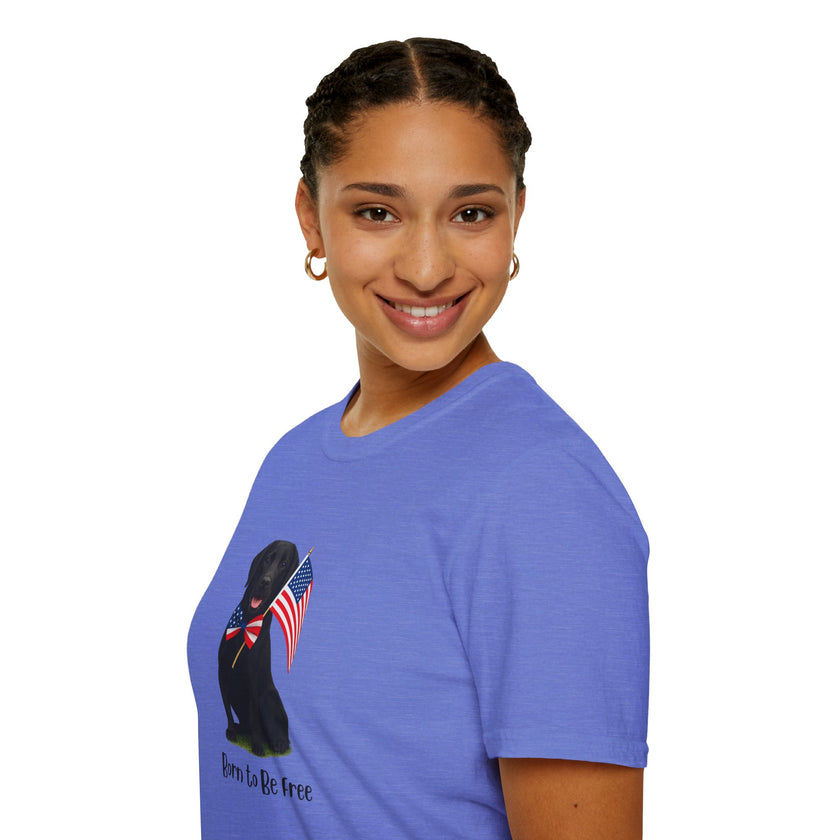 Heather Royal  t-shirt featuring a patriotic Black Lab wearing an American flag bowtie and holding U.S. flags, with the Black Lab phrase "Born to Be Free" printed below — perfect for dog lovers and patriotic Americans.