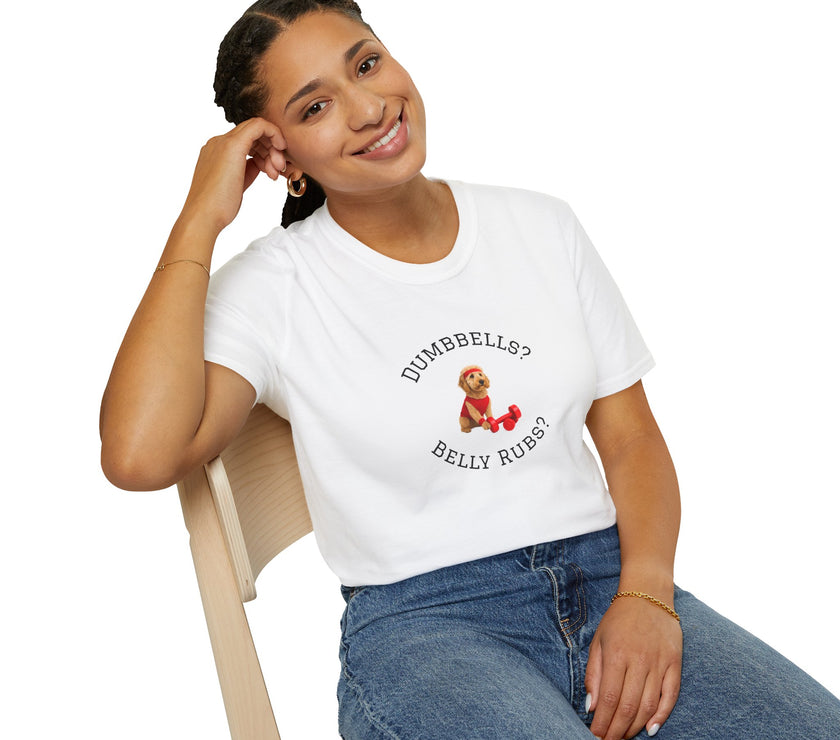 Person wearing a white t-shirt with a graphic and text, sitting on a chair against a white background