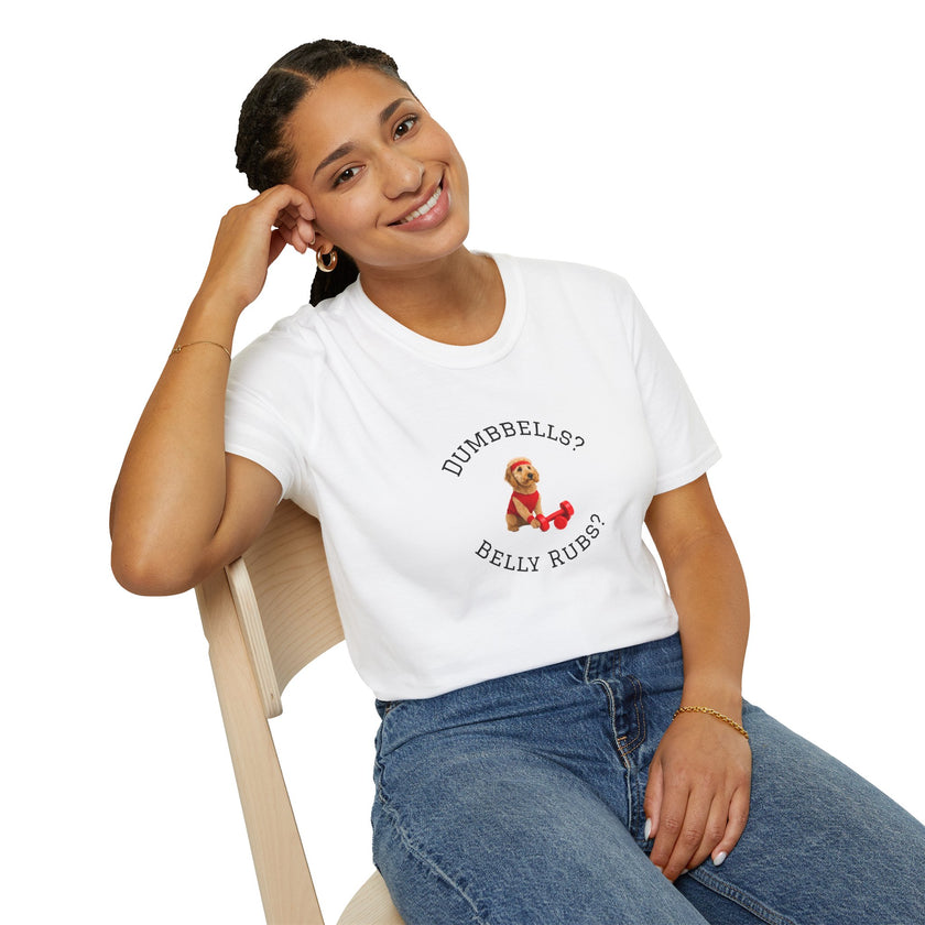 Person wearing a white t-shirt with a graphic and text, sitting on a chair against a white background
