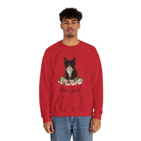 Person wearing a red sweatshirt with a cat graphic and text on a white background