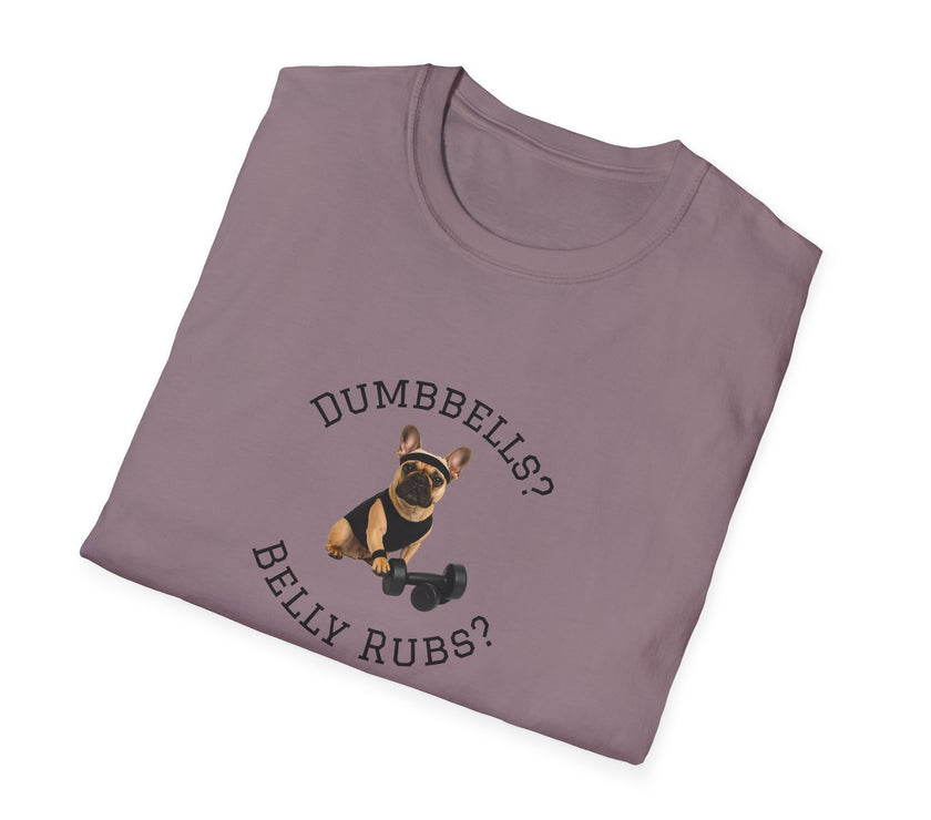 Folded purple t-shirt with a dog graphic and text on a white background